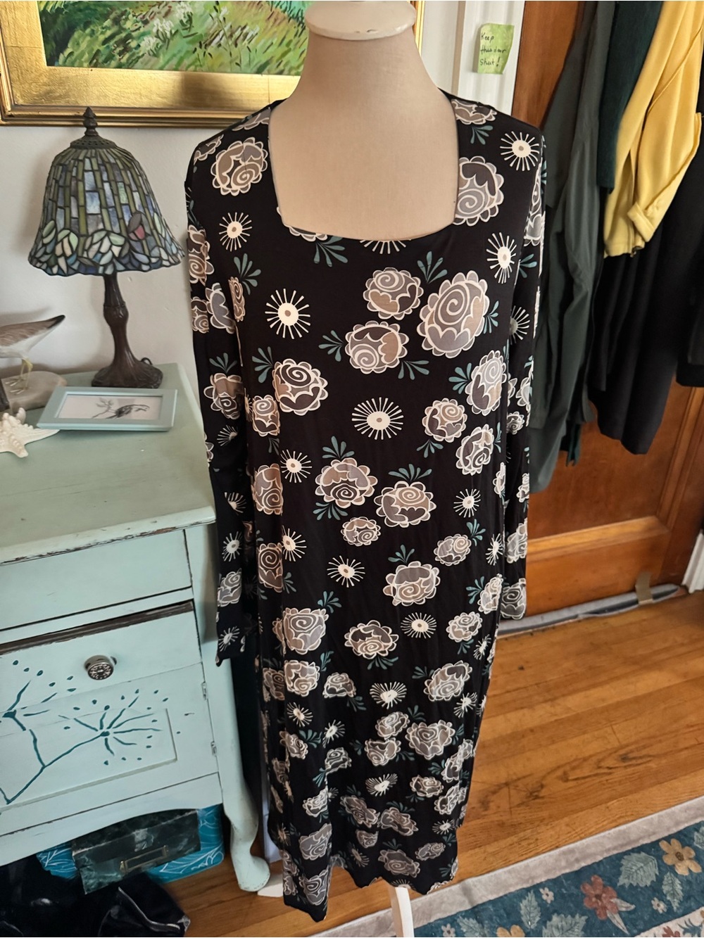 Gudrun Sjoden Black Floral Square-Neck Long Sleeve Maxi Dress L Lyocell NWOT